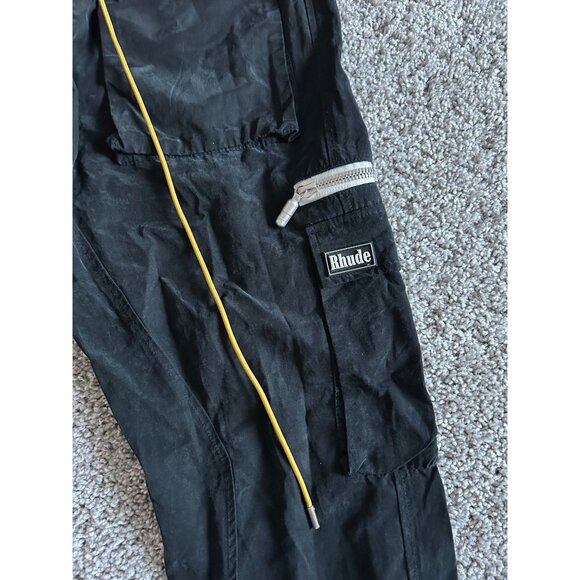 Rhude Black Cargo Track Pants W/ Yellow Drawstring & Zippered Pockets - Picture 5 of 13